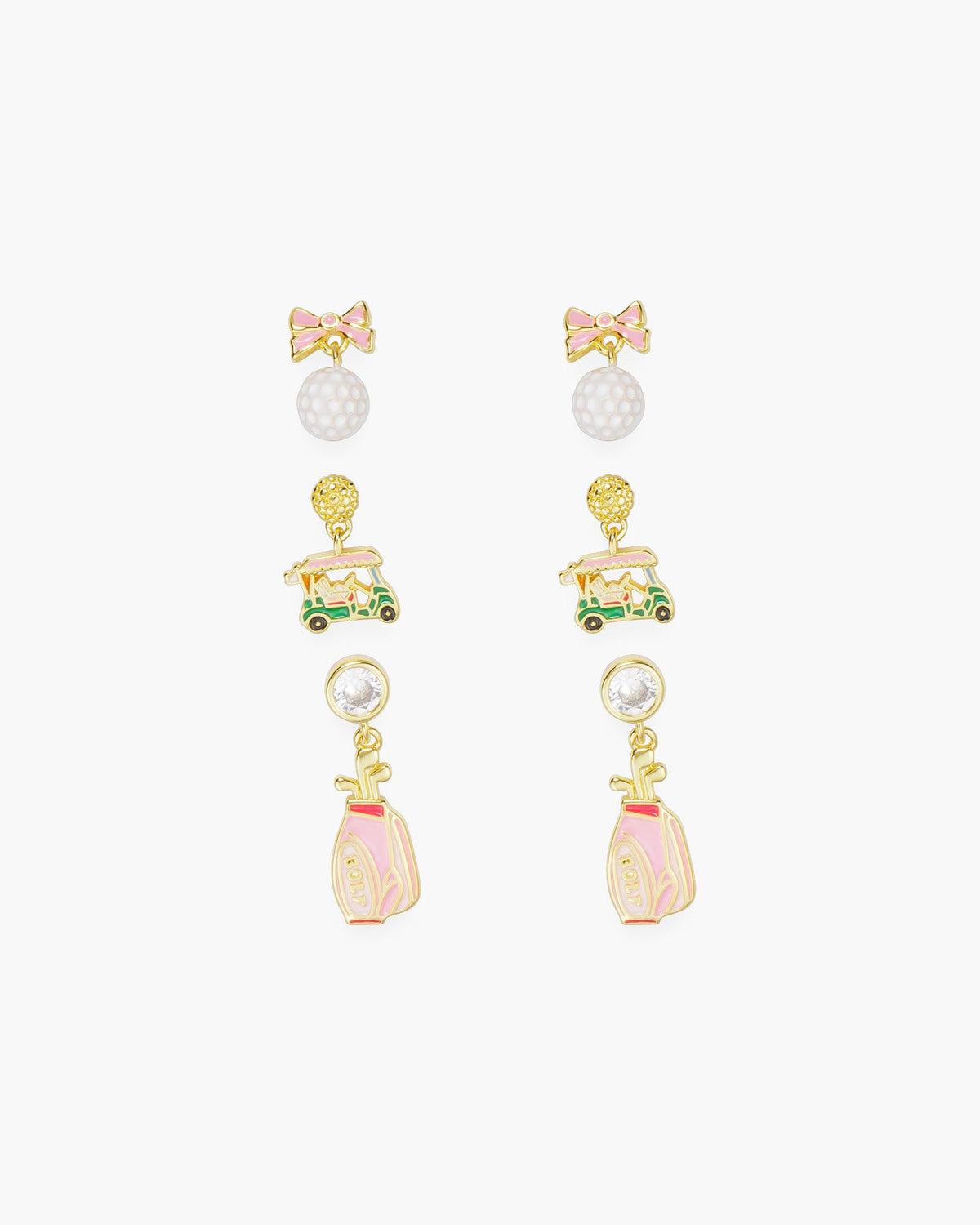 Gold And Pink Golf Trio Ball, Cart, Bag Earrings