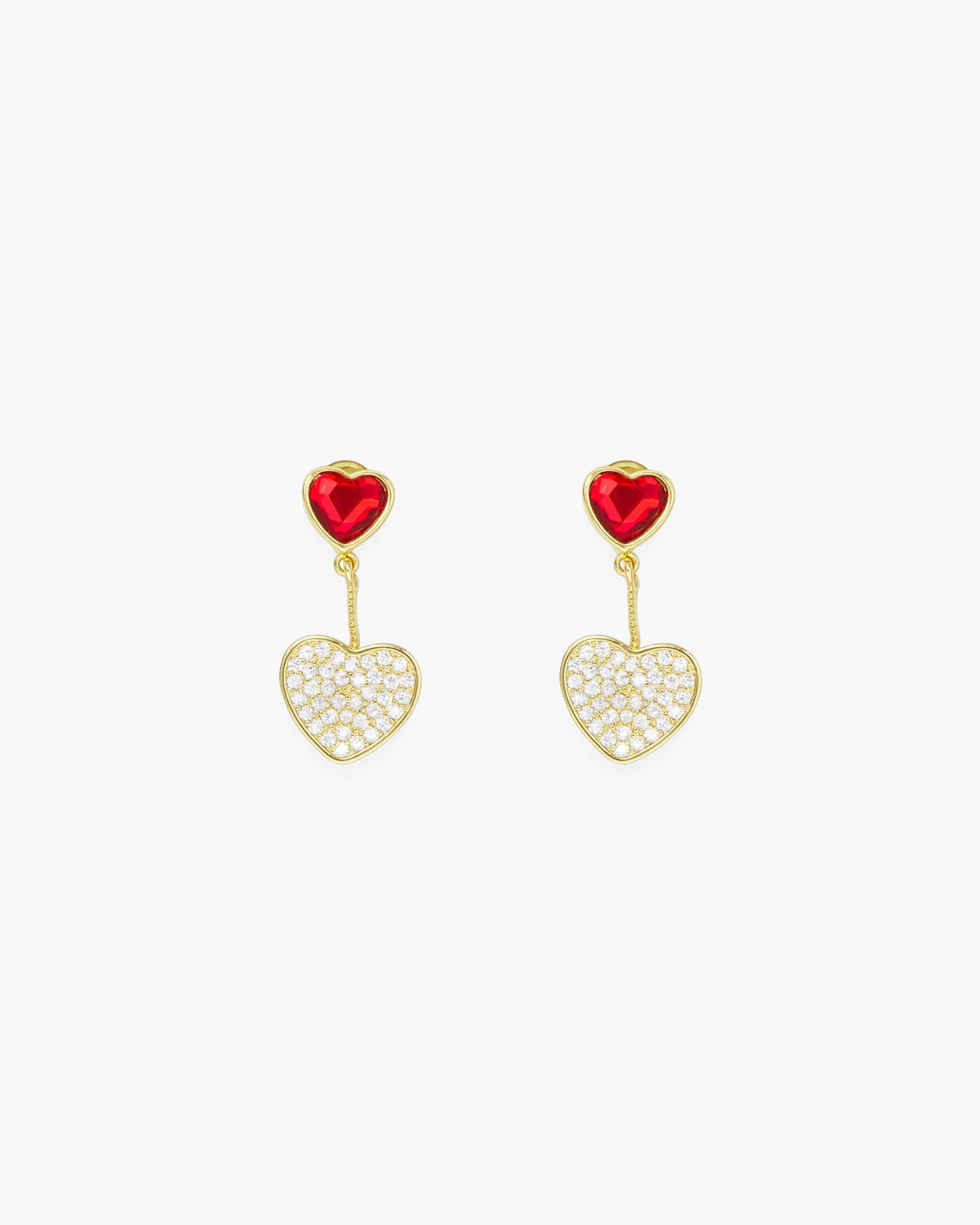 Gold Red Heart with CZ Heart Dangle Earrings