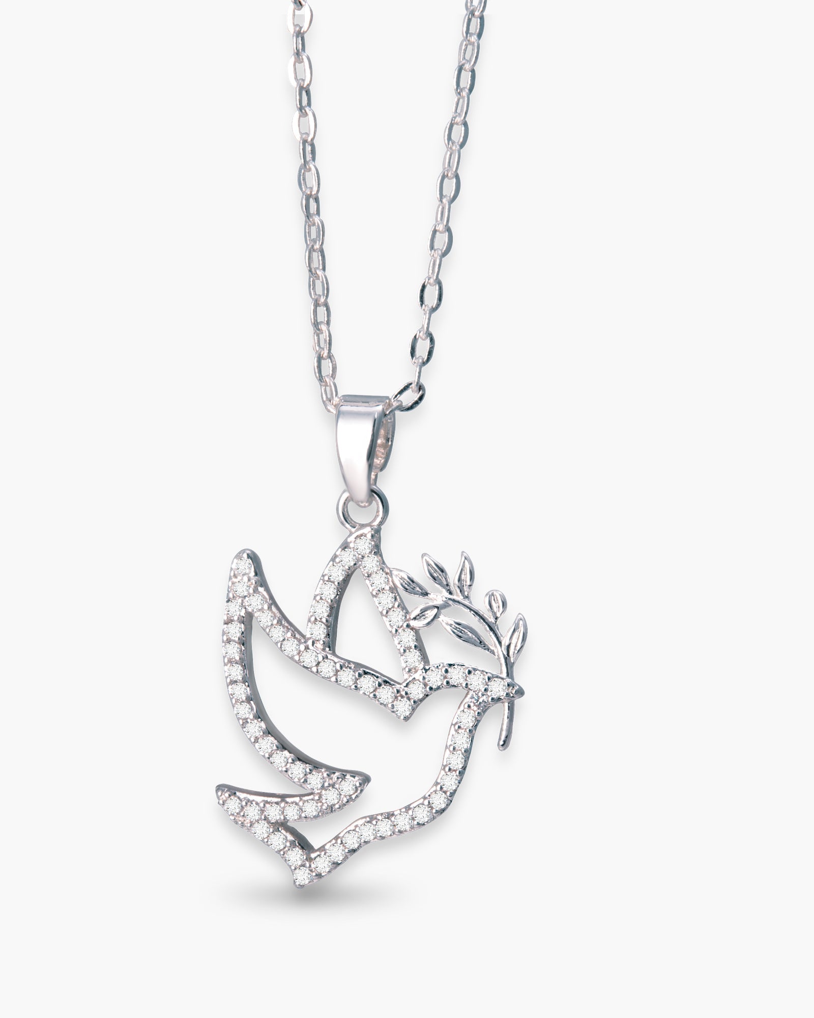 Silver CZ Peace Dove with Branch Necklace
