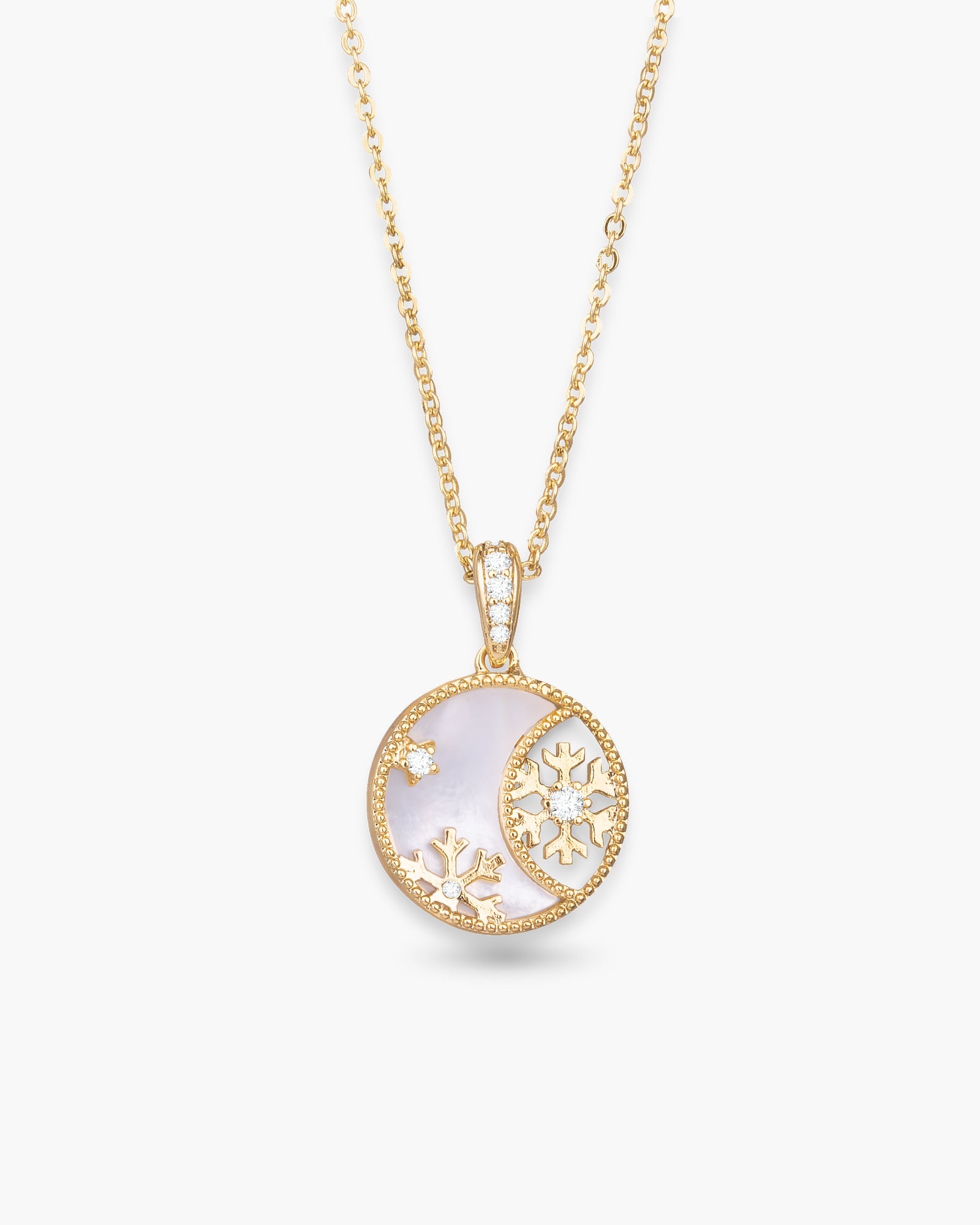 Gold CZ MOP Snowflake Ornament Necklace