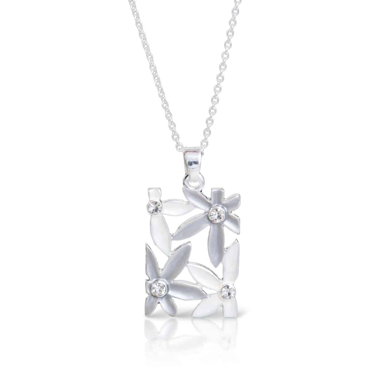 Silver Enameled Necklace - Framed Flower Gray