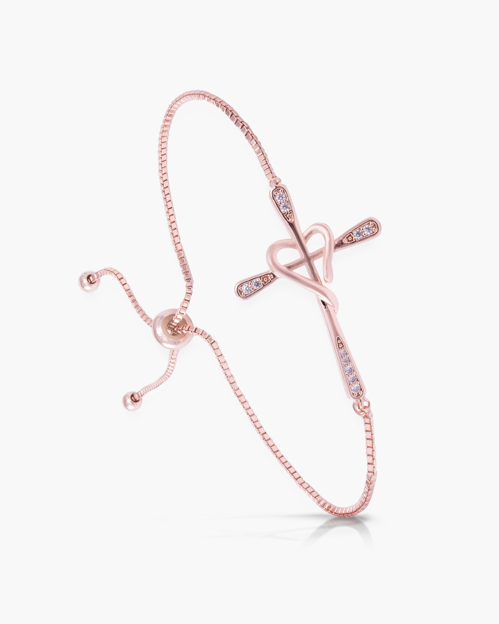 Pave Cross Heart Pull-Cord Bracelet - Rosegold