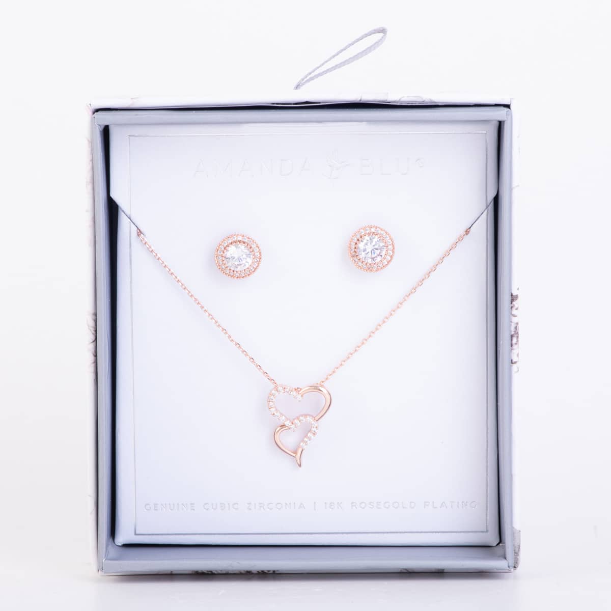 Boxed CZ Earring & Necklace Set - Rosegold Halo/Double Hearts