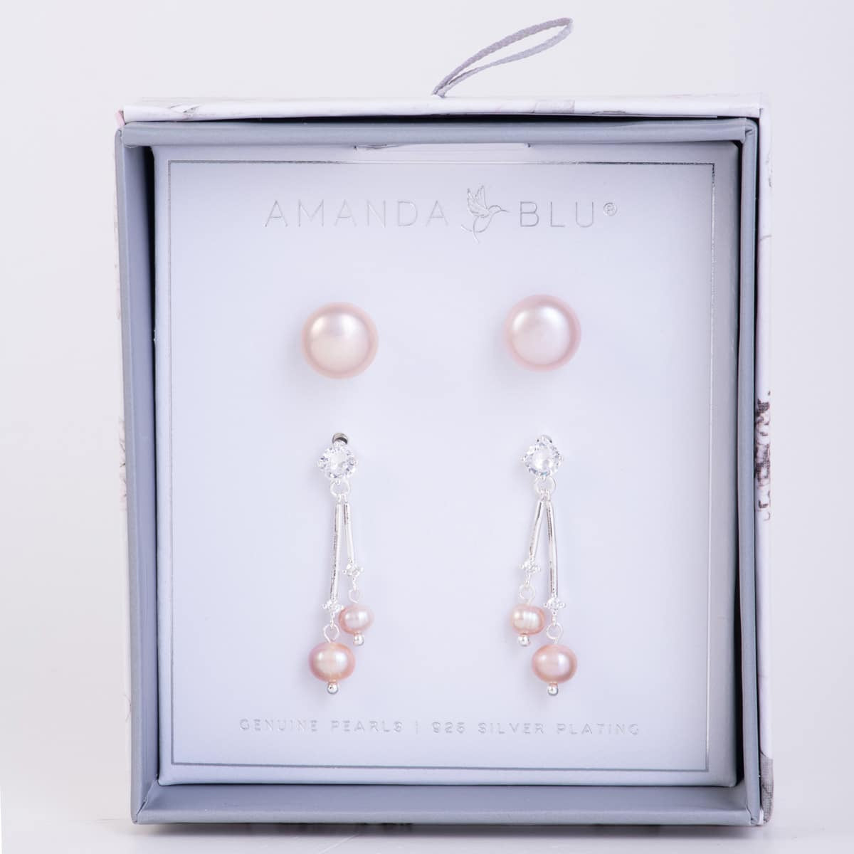 Boxed Pearl Earring Set - Silver Natural Lavender Stud/Drops