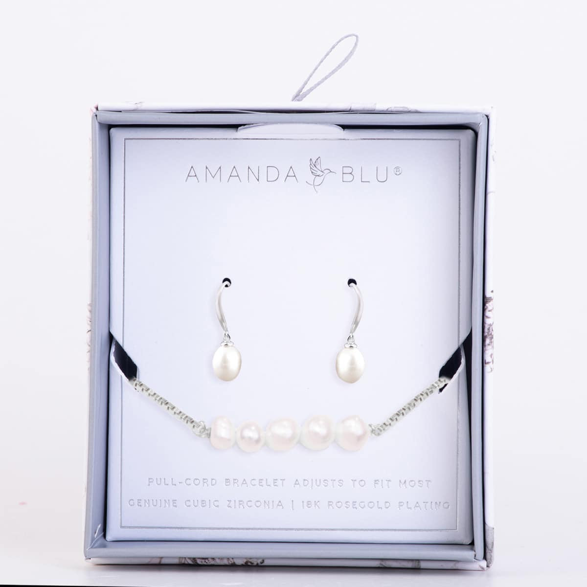 Boxed Pearl Earring & Adjustable Bracelet Set - Natural White Drop/ 5 Row