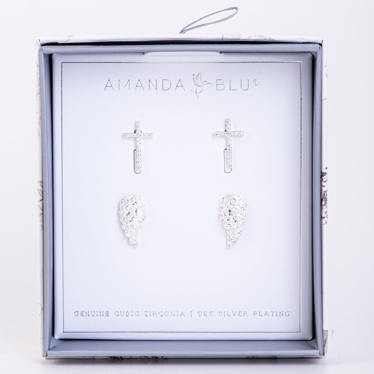 Boxed CZ Earrings Set - Silver Cross Stud/Small Angel Wings