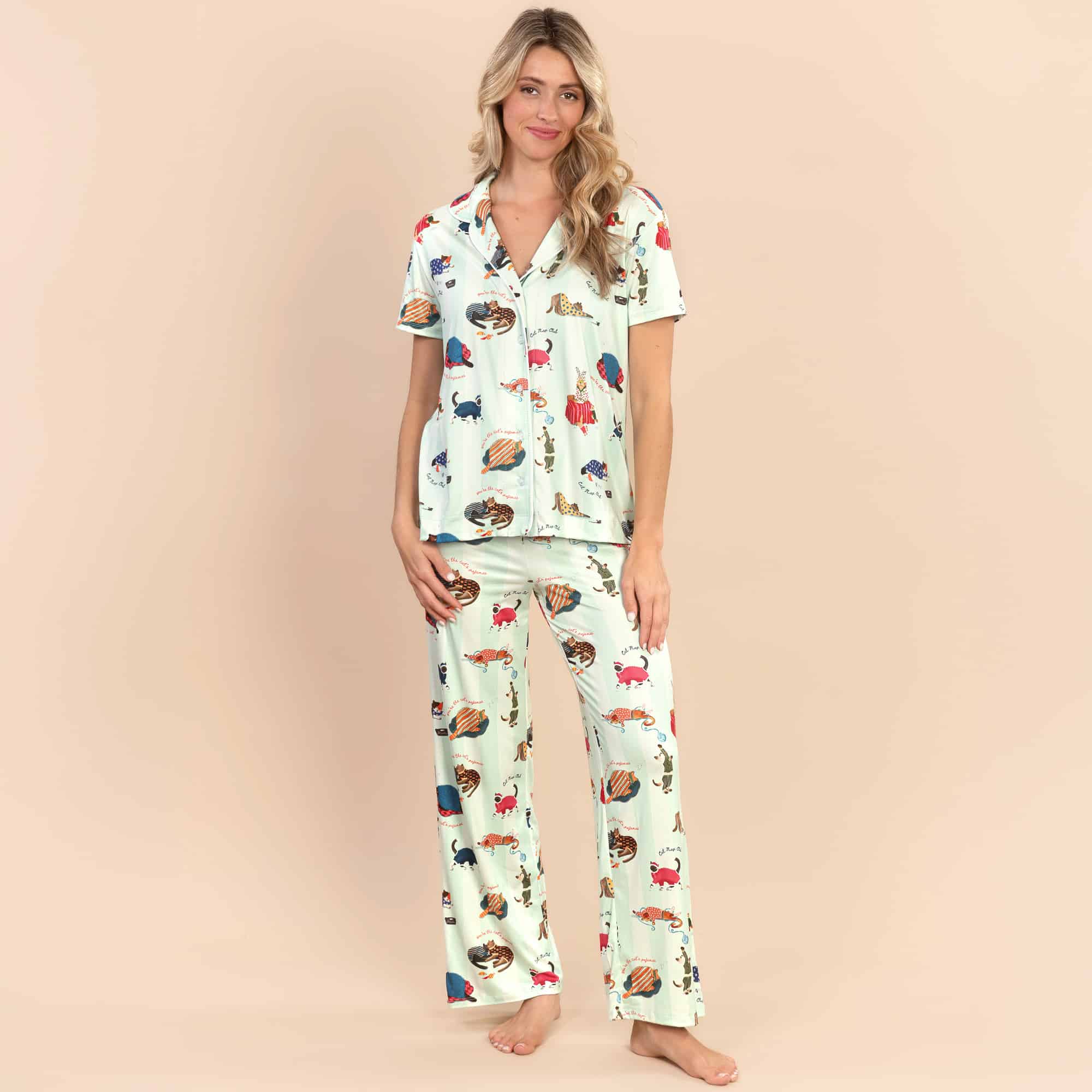 Cat Nap Pajama Pants | Soft Green Striped Kitty PJ Bottoms