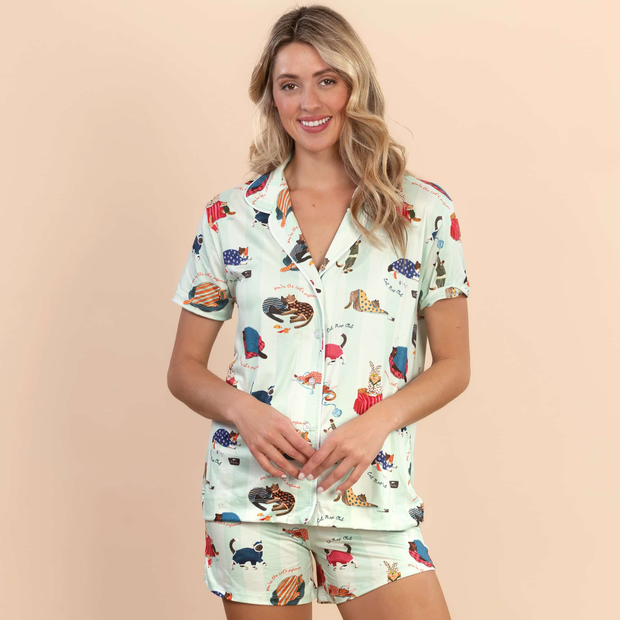 Cat Nap Pajama Shorts | Soft Green Striped Kitty PJ Bottoms