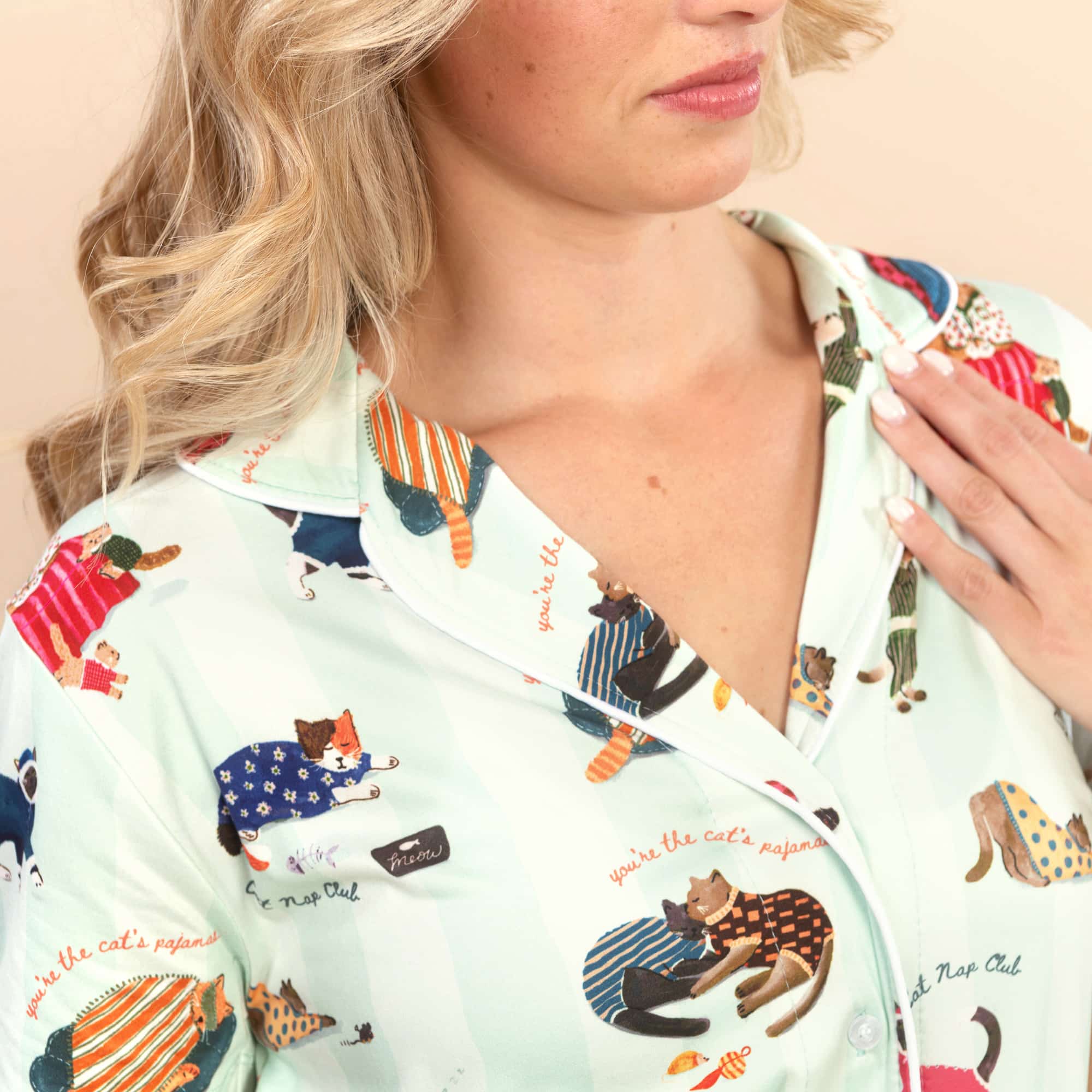 Cat Nap Pajama Top | Soft Green Striped Kitty PJs For Women