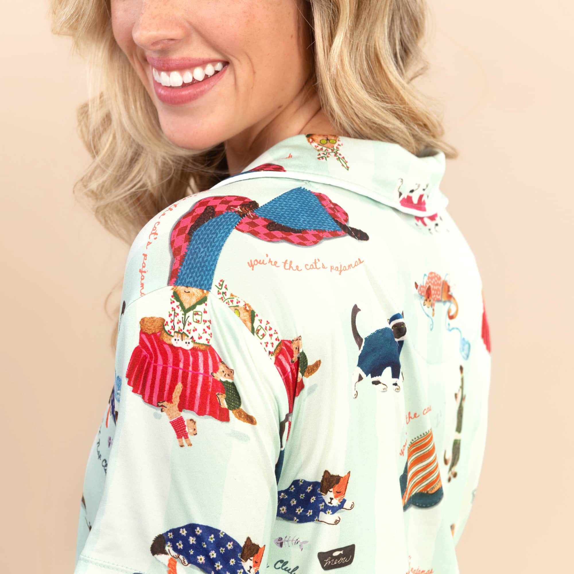 Cat Nap Pajama Top | Soft Green Striped Kitty PJs For Women