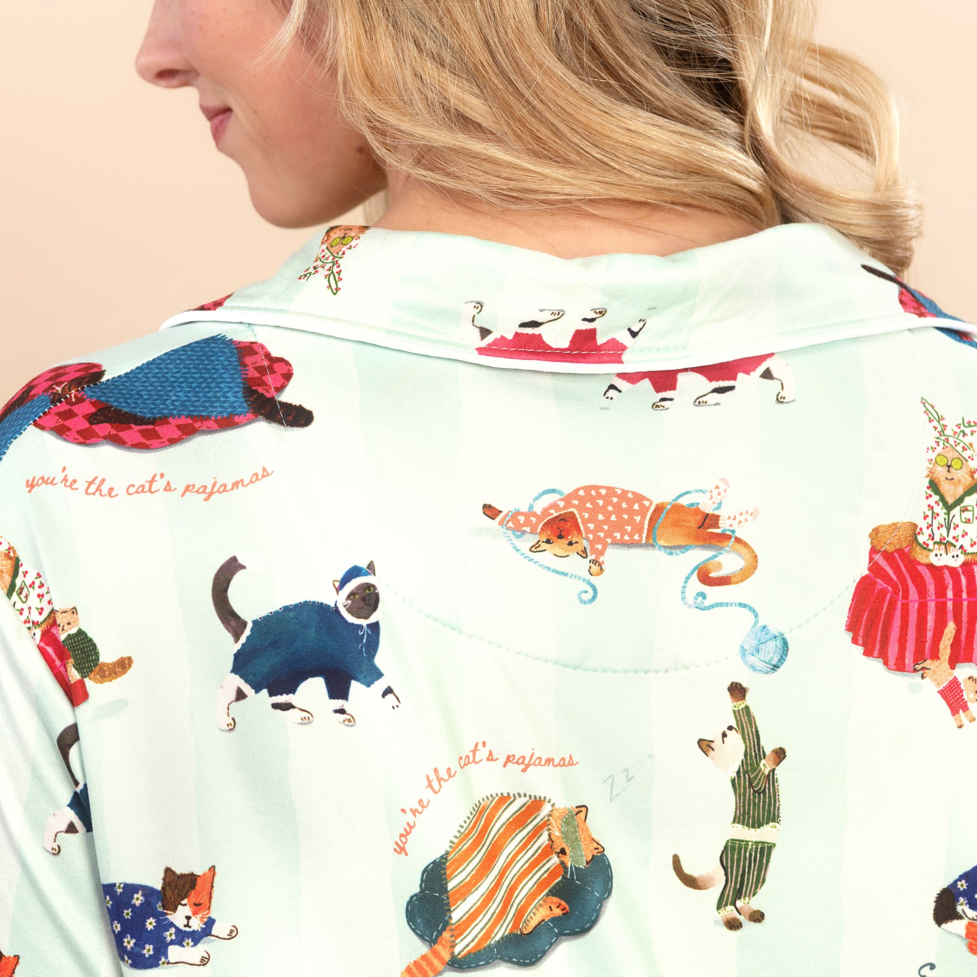 Cat Nap Pajama Top | Soft Green Striped Kitty PJs For Women