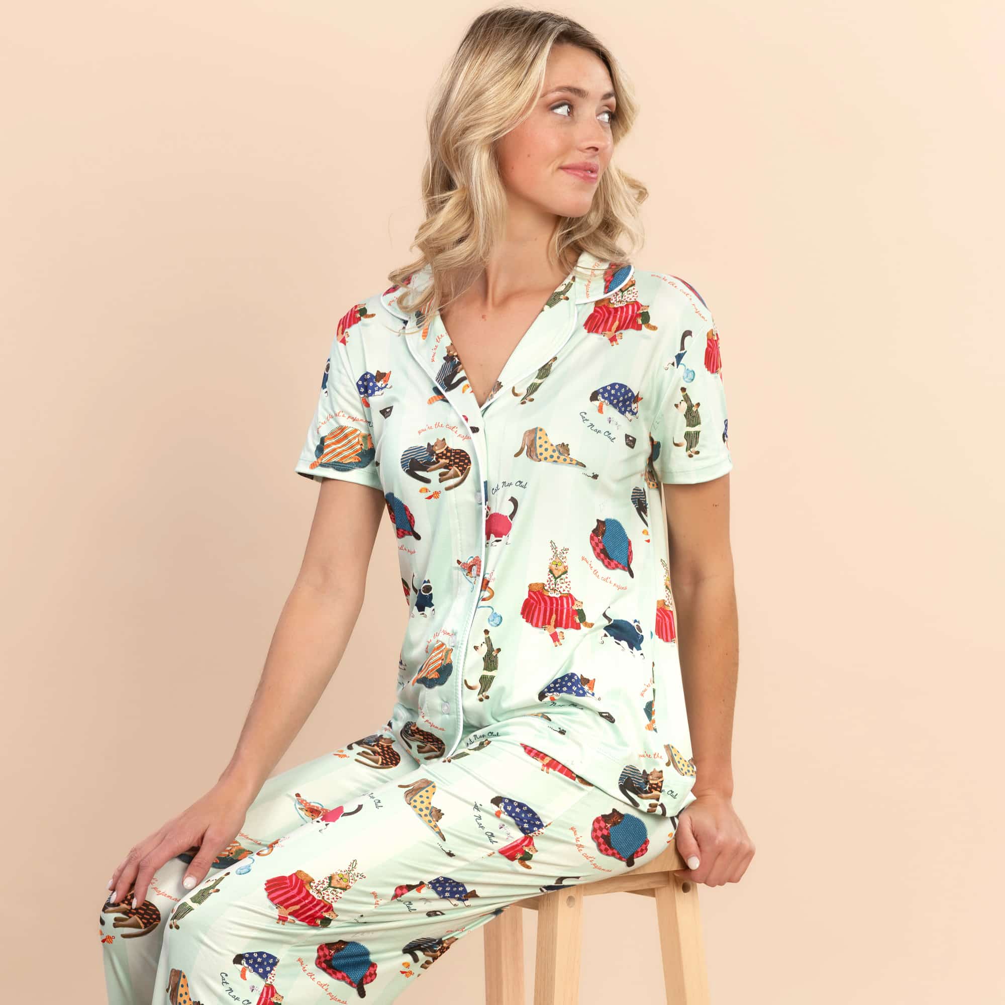 Cat Nap Pajama Top | Soft Green Striped Kitty PJs For Women