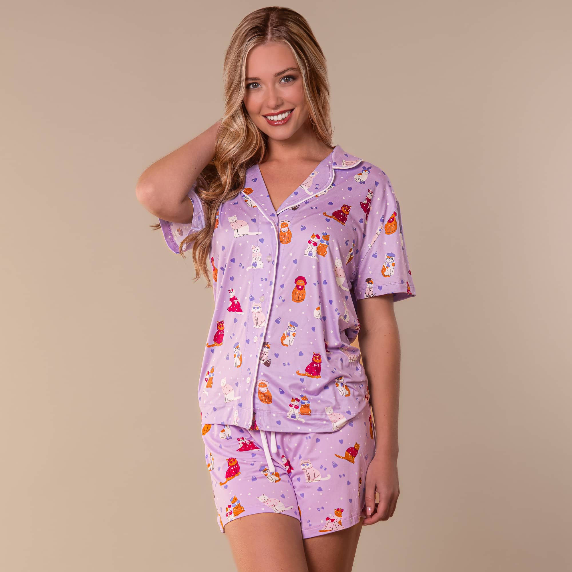 Cattitude Pajama Shorts | Purple Kitty Cat PJ Bottoms