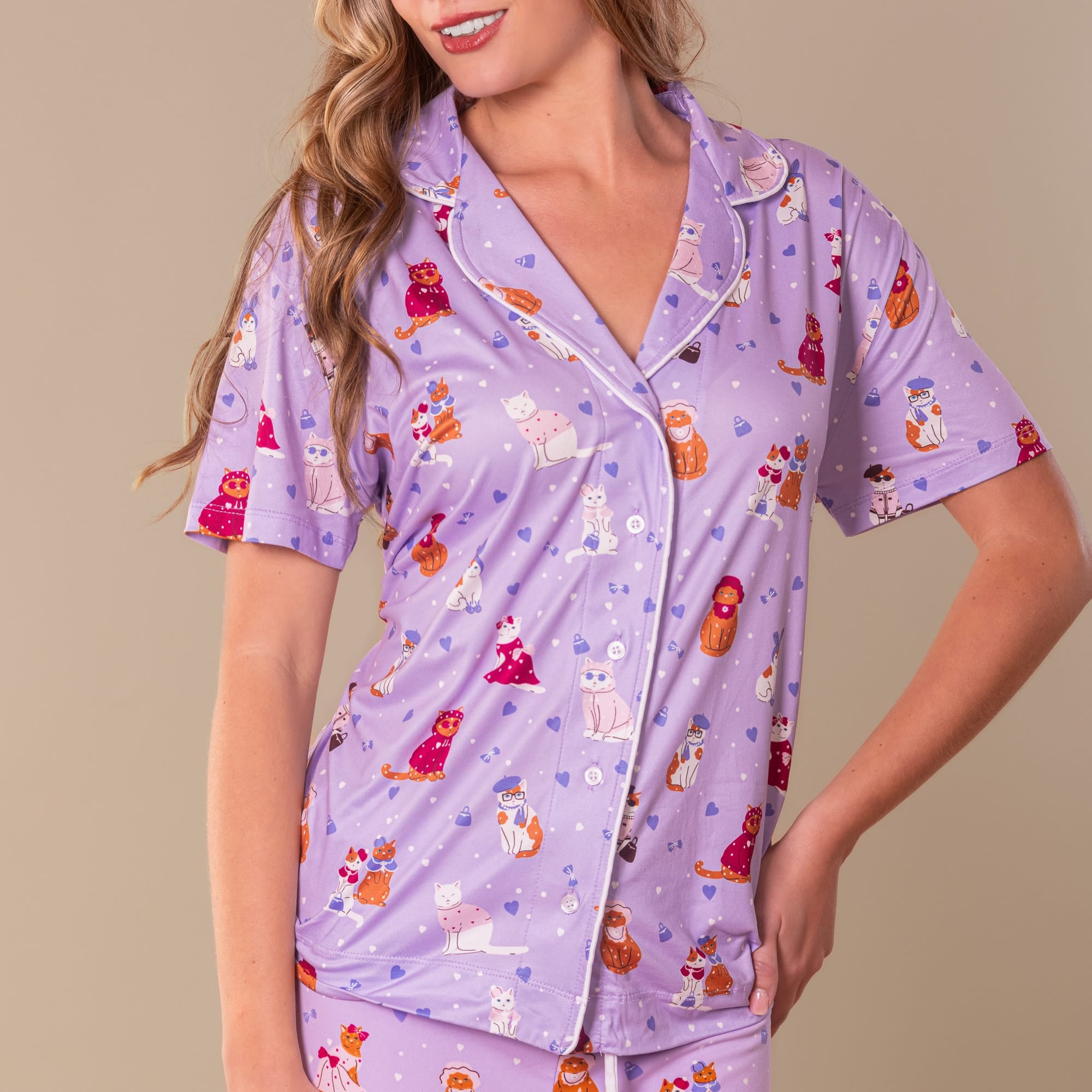 Cattitude Pajama Top | Purple Kitty Cat PJs For Women