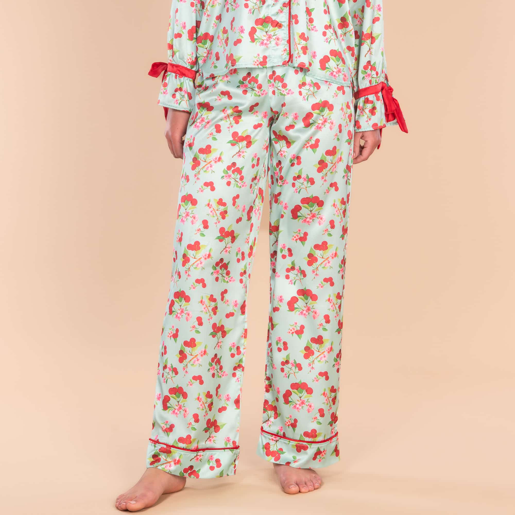 Cherry Blossom Satin Pajama Pants | Blue Silk PJ Bottoms