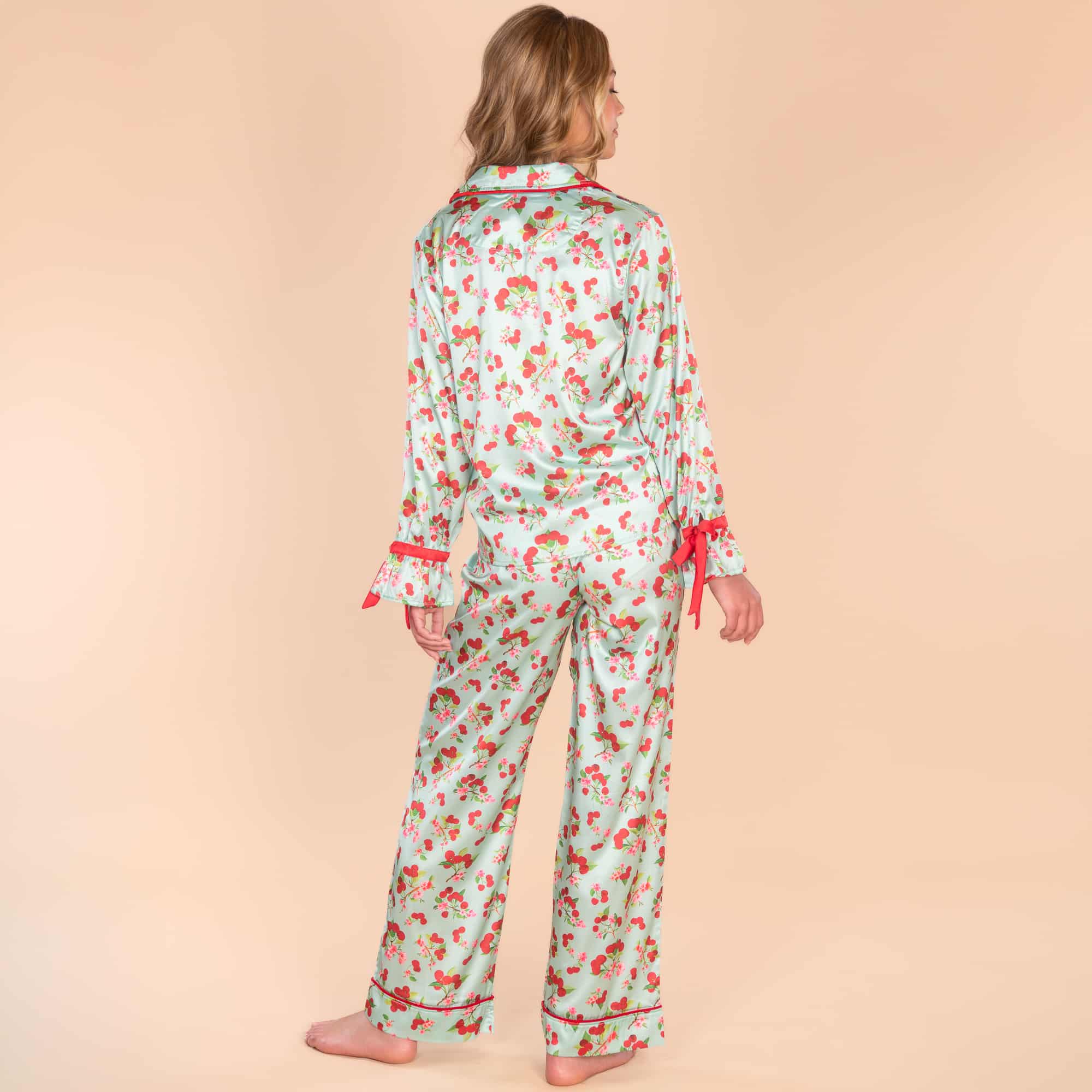 Cherry Blossom Satin Pajama Pants | Blue Silk PJ Bottoms