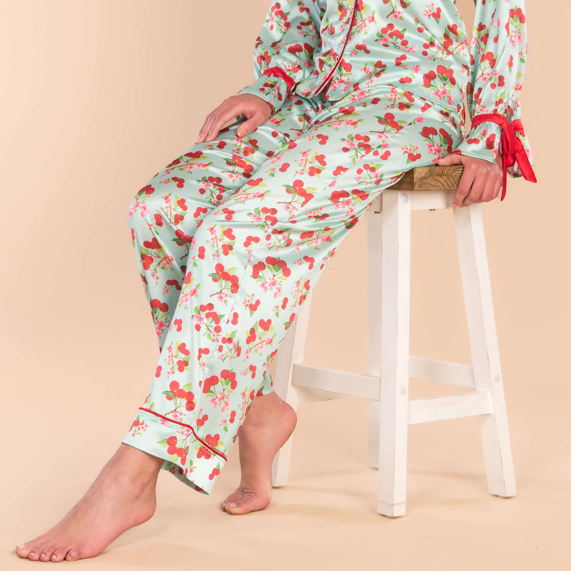 Cherry Blossom Satin Pajama Pants | Blue Silk PJ Bottoms