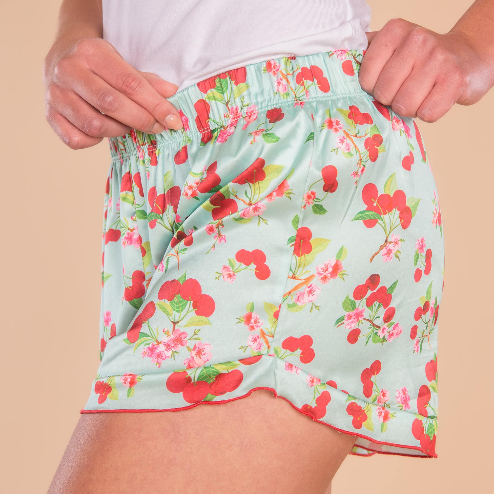 Cherry Blossom Satin Pajama Shorts | Blue Silk PJ Bottoms