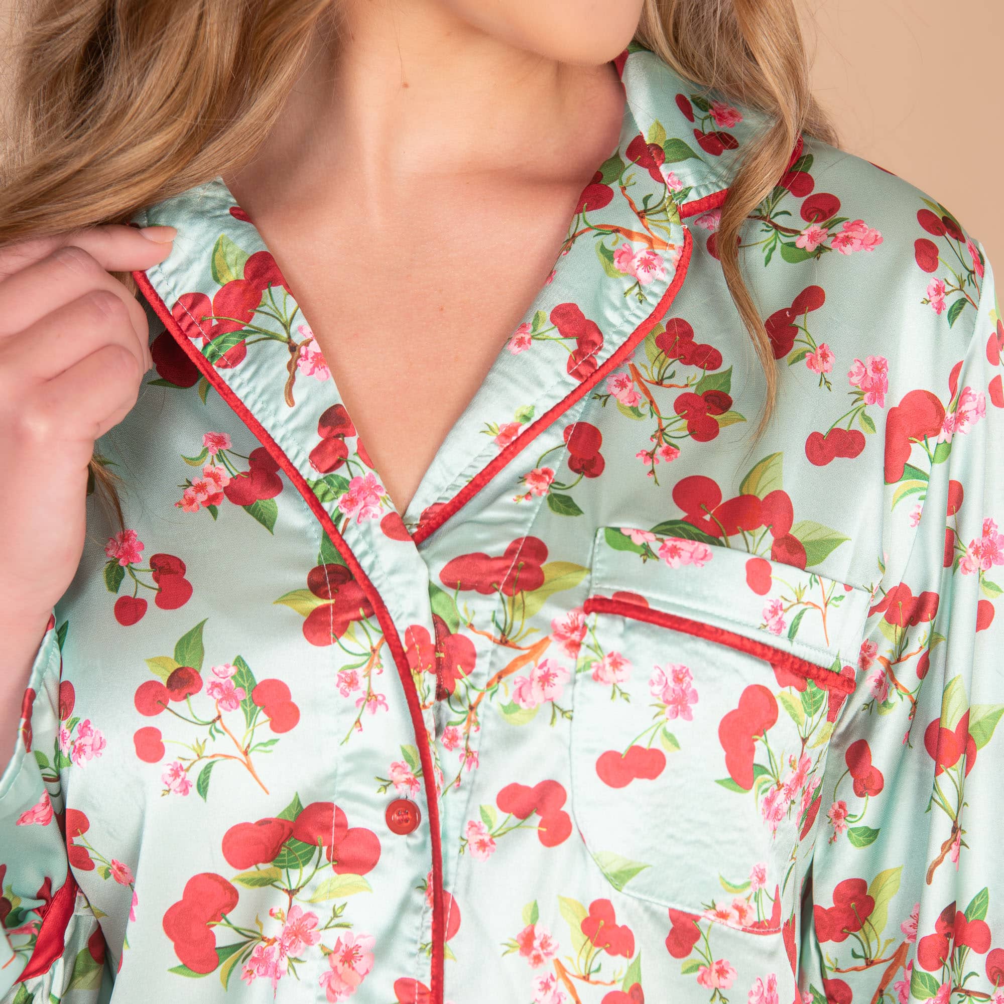 Cherry Blossom Satin Pajama Top | Blue Silk PJs For Women