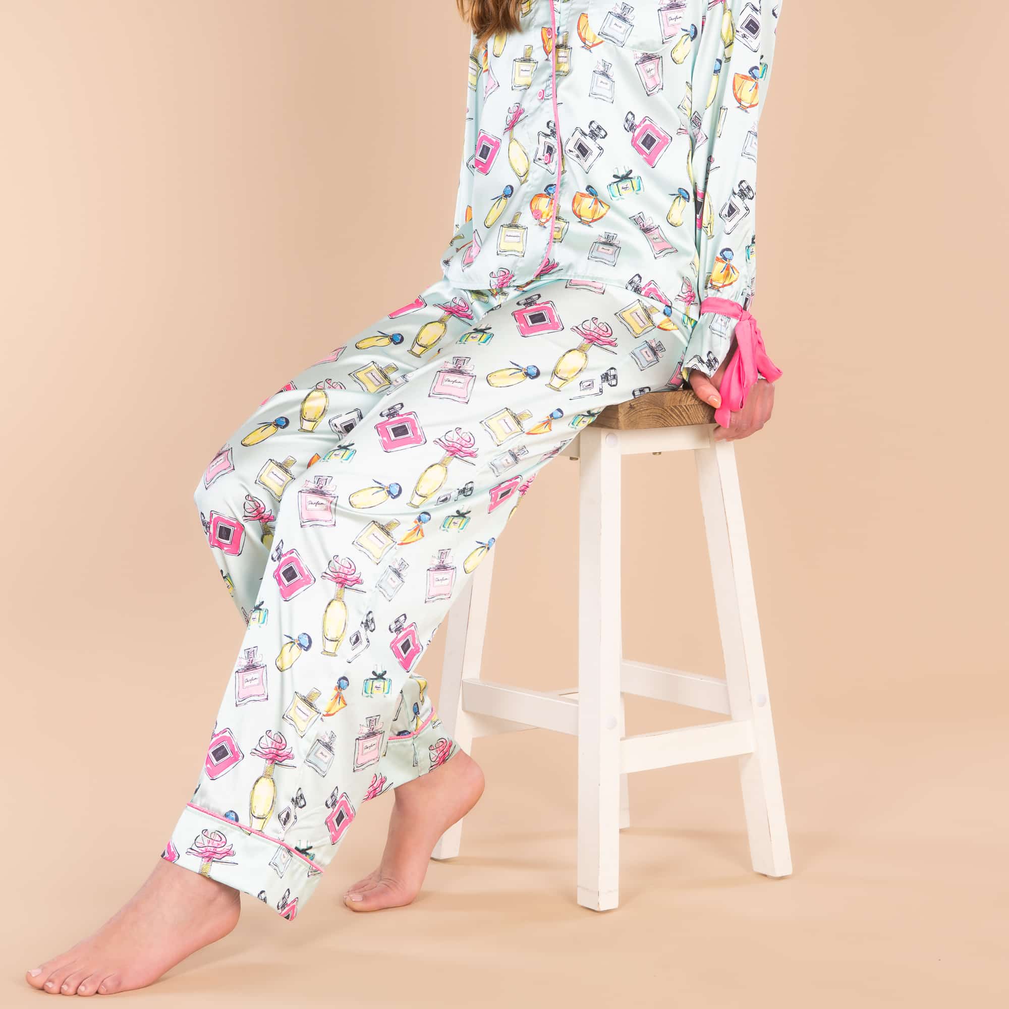 Parfumerie Satin Pajama Pants | Blue Silk Perfume PJ Bottoms