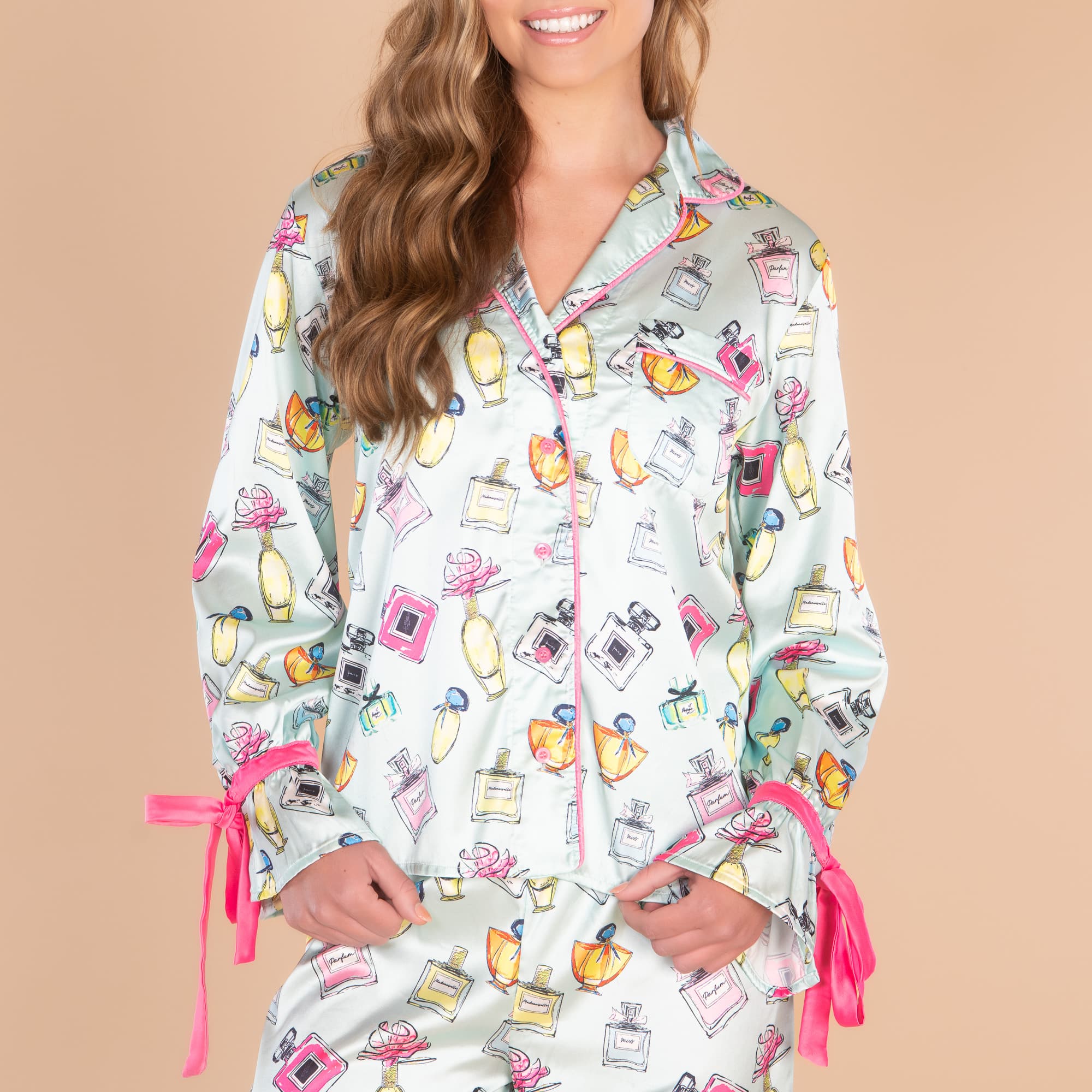 Parfumerie Satin Pajama Top | Blue Silk Perfume Bottles PJs