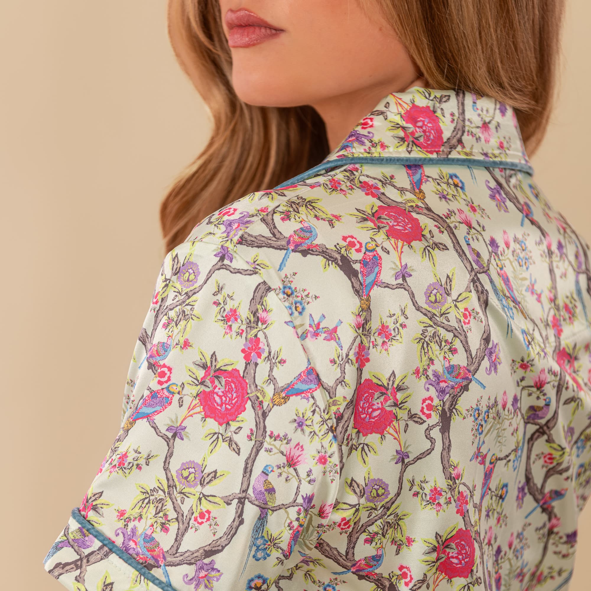 Peacock Silky Satin Pajama Top | Green Silk Animal PJs