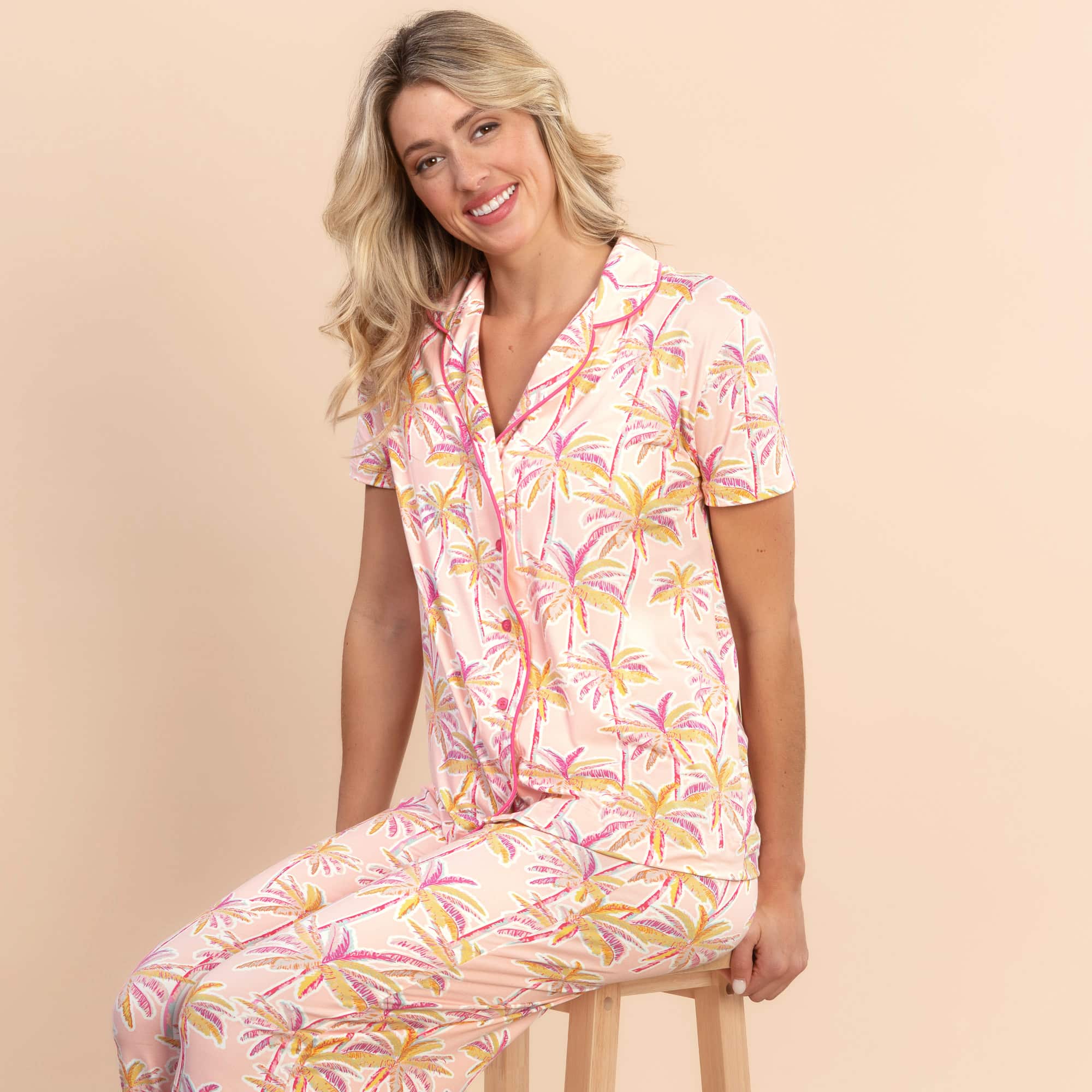 Pink Palm Pajama Top | Retro Summer Vacation PJs For Women