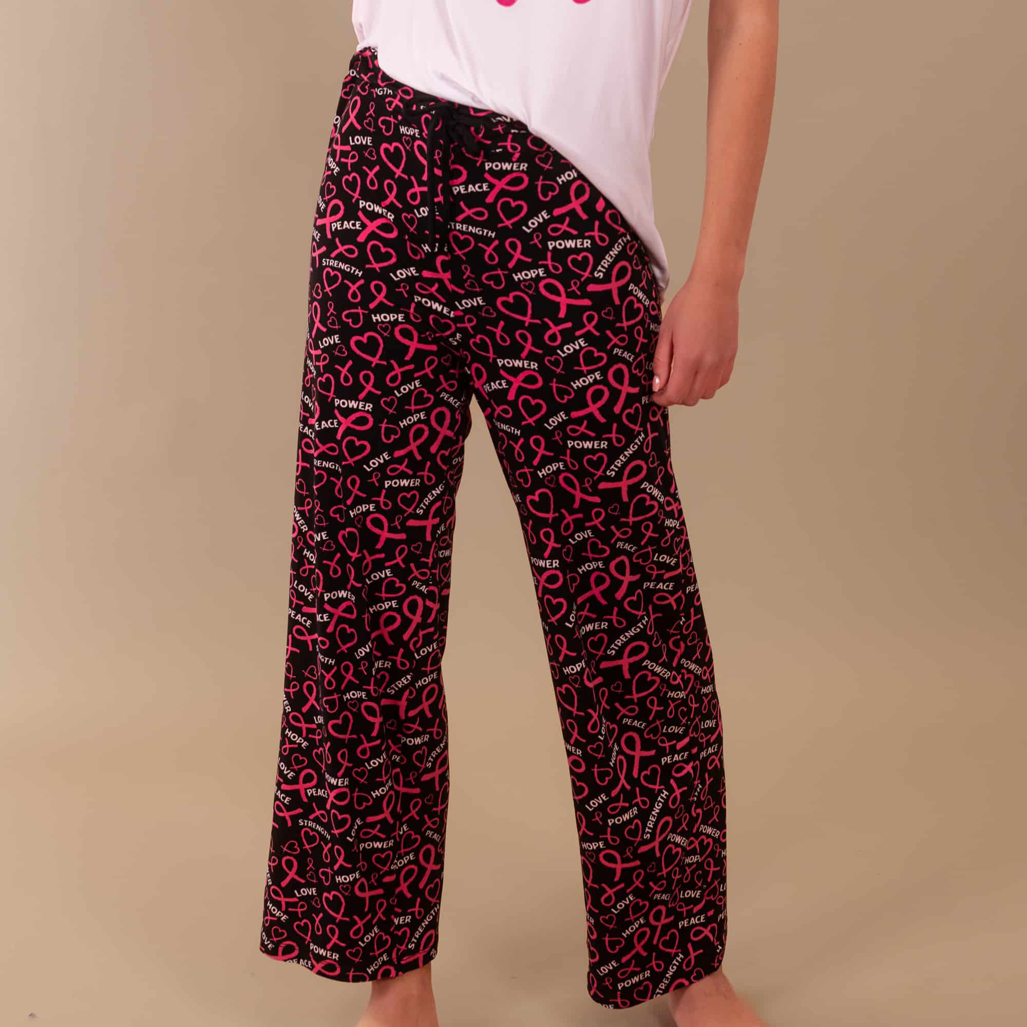 Pink Ribbon Hearts Pajama Pants Breast Cancer Awareness PJs