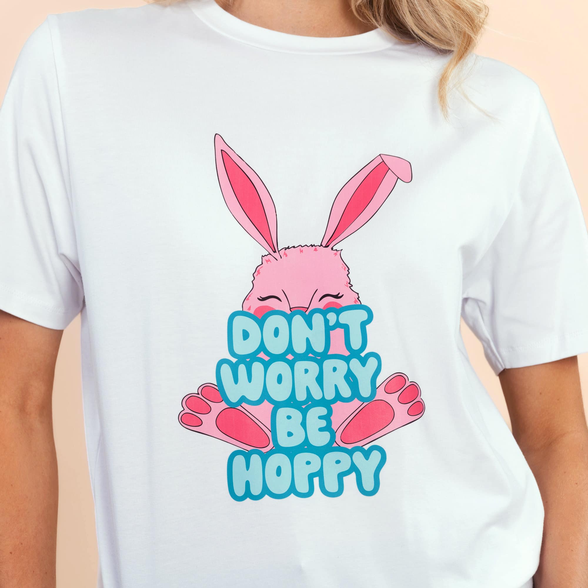 Don't Worry Be Hoppy | Women's White Short-Sleeve Easter Tee