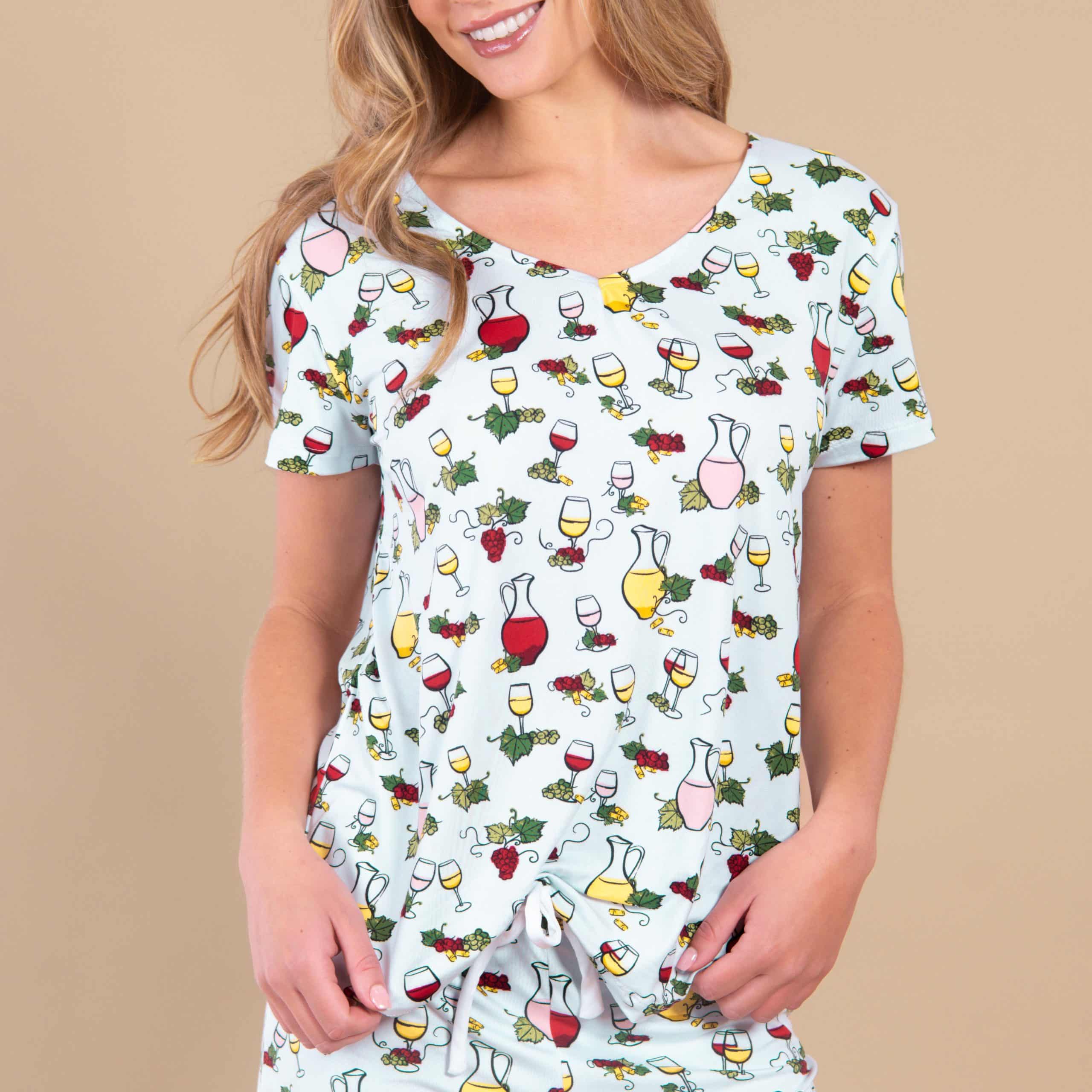 Wine Tasting Pajama Top | Blue Drinks PJs For Women