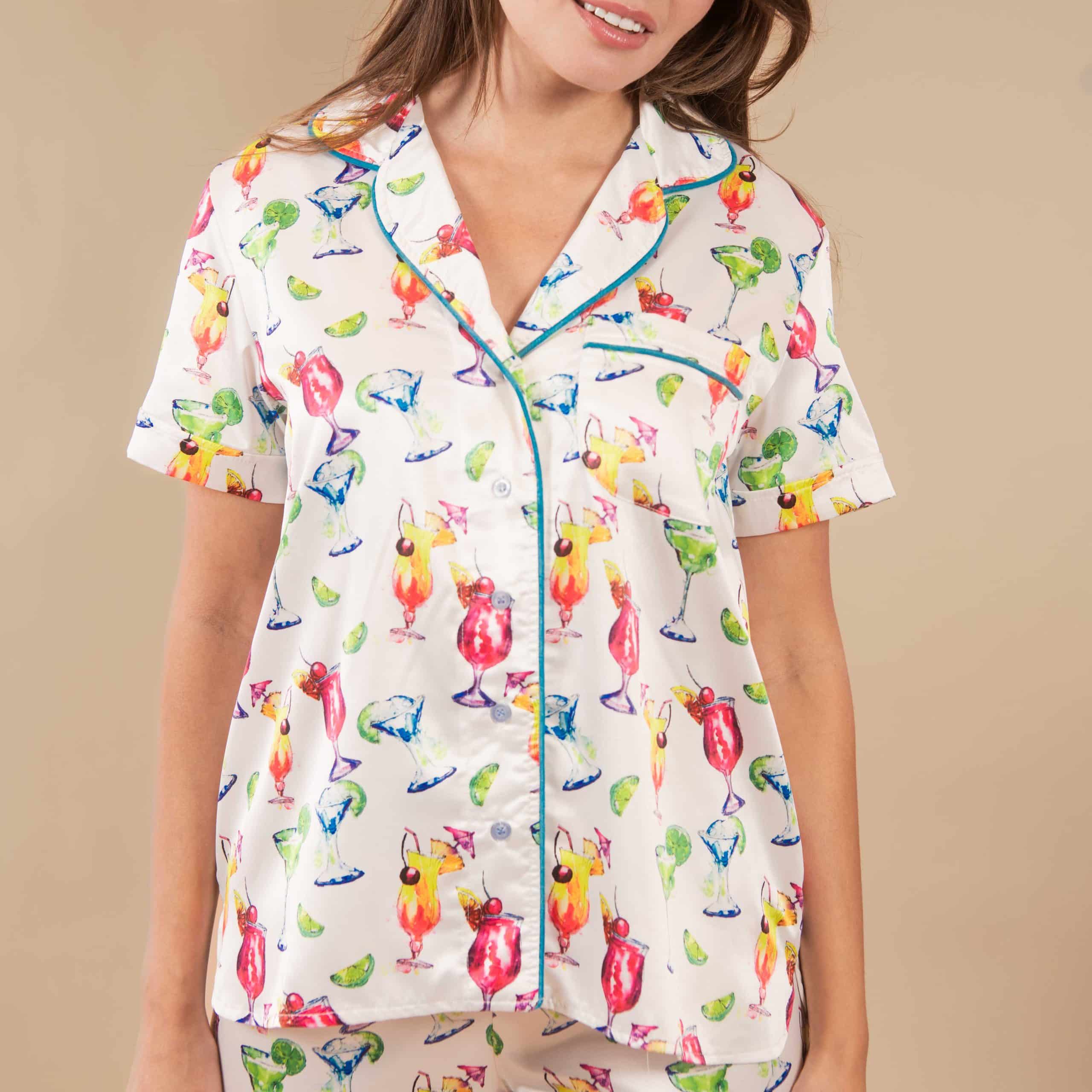 Dreamy Drinks Silky Satin Pajama Top | White Silk PJs