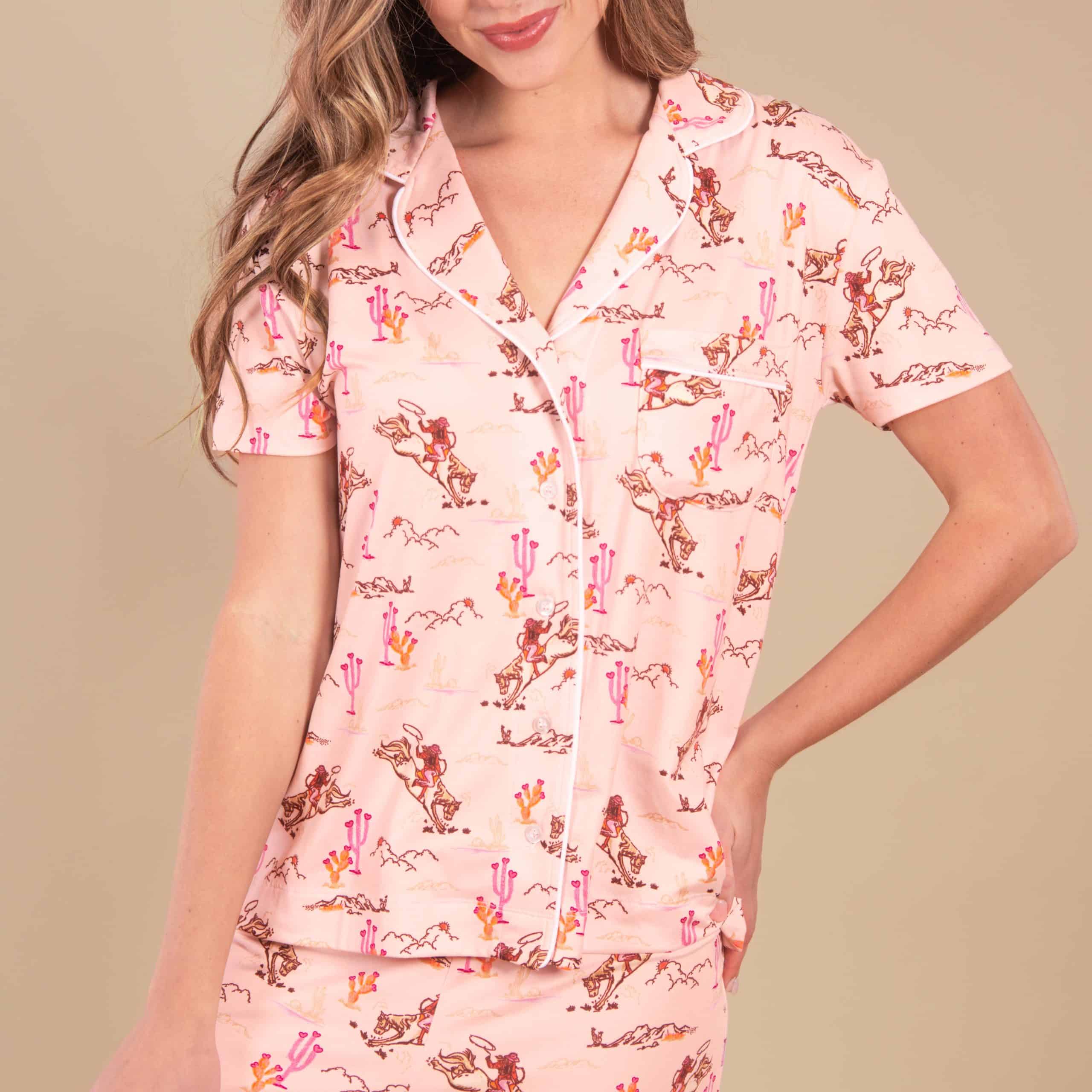 Vintage Cowgirl Pajama Top | Retro Pink Western PJ For Women