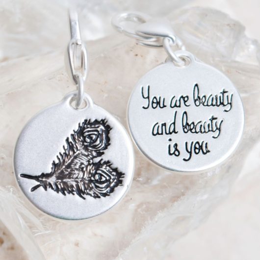 Silver 1-Tone Medallion - Peacock Feathers "You Are Beautiful"
