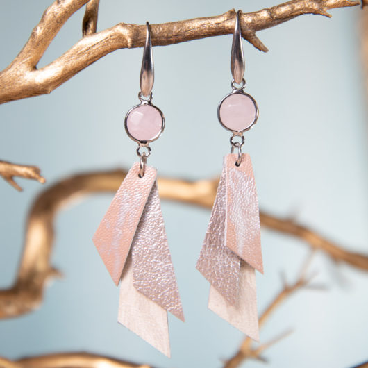 Leather Strips Earrings with Crystal - Blush