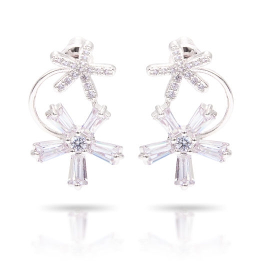 Double Flower Drop Earrings - Silver