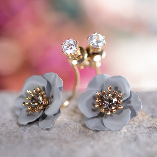 Single Drop Flower with Crystal Earring - Gray