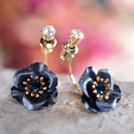 Single Drop Flower with Crystal Earring - Pearl Navy