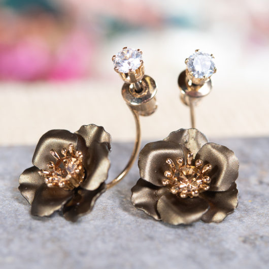 Single Drop Flower with Crystal Earring - Pearl Bronze