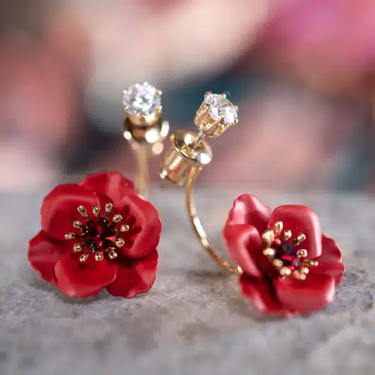 Single Drop Flower with Crystal Earring - Red