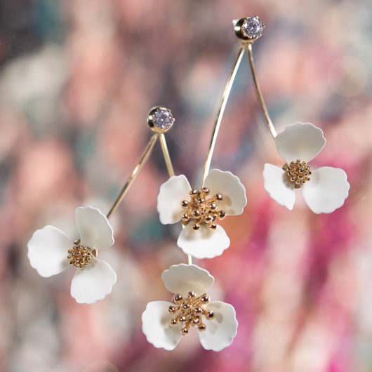 Double Drop Flower With Crystal Earring - Ivory