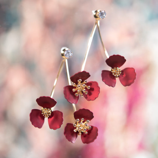 Double Drop Flower With Crystal Earring - Pearl Wine