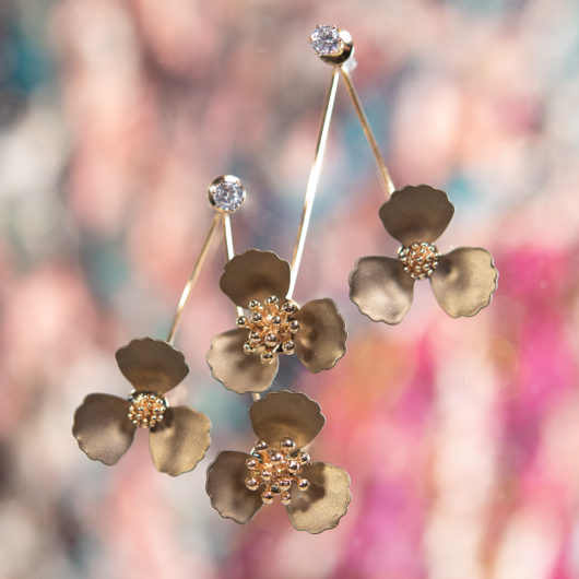 Double Drop Flower With Crystal Earring - Pearl Bronze