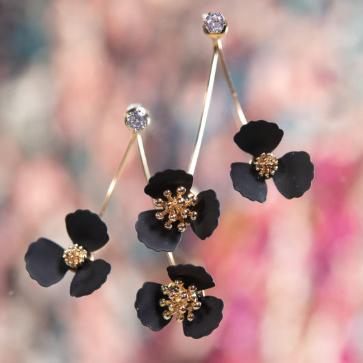 Double Drop Flower With Crystal Earring - Pearl Black