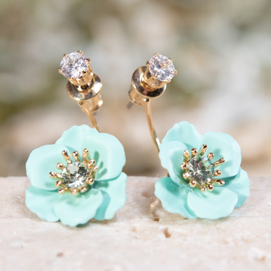 Single Drop Flower with Crystal Earring - Mint