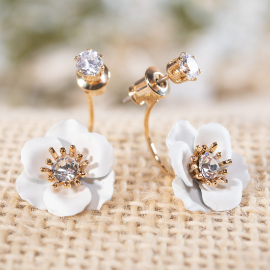 Single Drop Flower with Crystal Earring - Snow