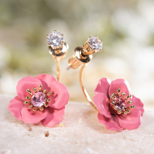 Single Drop Flower with Crystal Earring - Light Rose