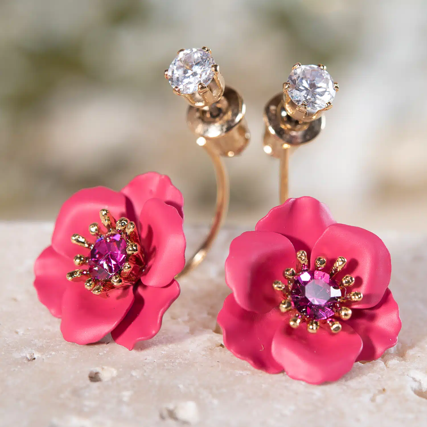 Fuchsia Flower Earrings | Single Drop Crystal Earrings - $14.99