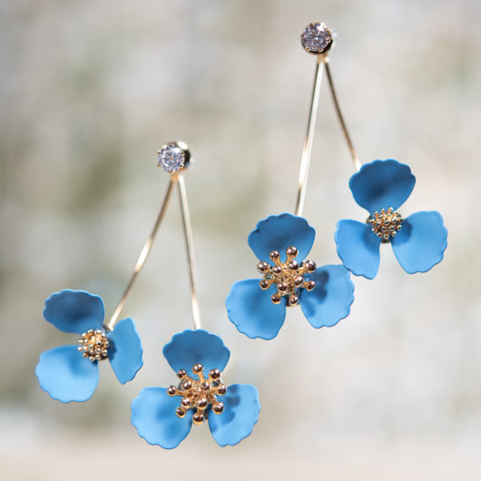 Double Flower Drop With Crystal Earring - Sky