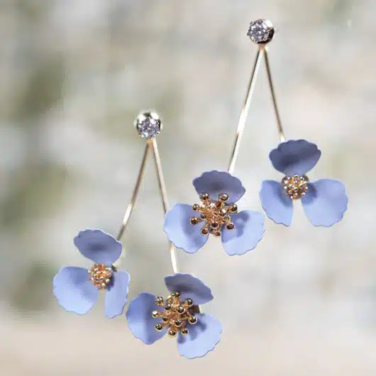 Double Flower Drop With Crystal Earring - Periwinkle