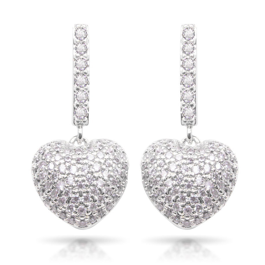 Pave Heart Drop Earrings - Silver - Amanda Blu and Company